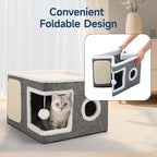 Shikha Cat Beds for Indoor Cats, Large Cat Cave with Cozy Condo, Fluffy Ball, Round Window, Foldable Indoor Cat House Hold Up to 30LBS, Cat Hideaway with Reversible Cushions for All Seasons, Grey