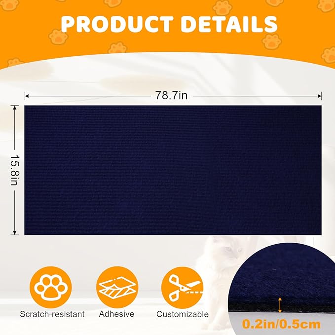 Cat Scratching Mat Self-Adhesive, 78.7'' x 15.8'' Trimmable Cat Scratch Pads Furniture Protector, DIY Climbing Cats Scratching Carpet for Couch, Door Frame or Wall Corner Protector (Dark Blue)