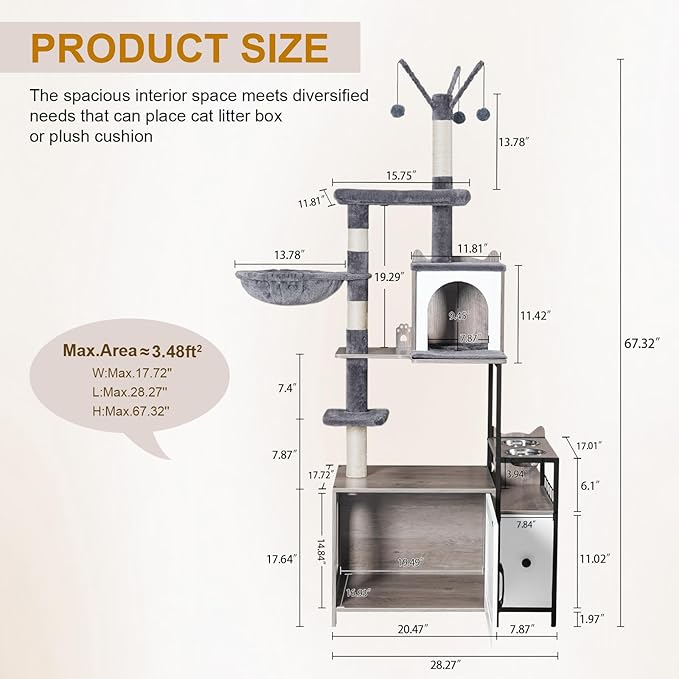 Snughome Cat Tree with Litter Box Enclosure, 3-in-1 Modern Cat Tower for Indoor Cats, 67.32’’ Hidden Cat Litter Box Furniture with Cat Condo, Food Station and Hammocks, All-in-one Cat Furniture