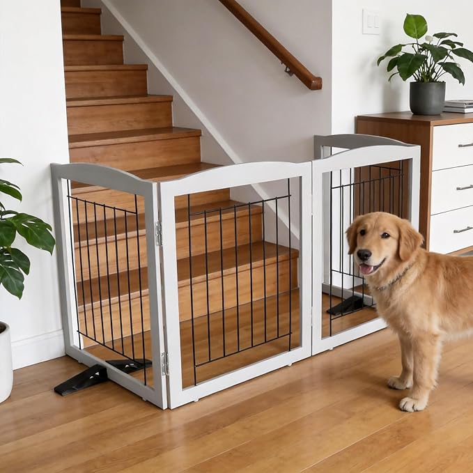 ZJSF Freestanding Dog Fence Indoor, Foldable Dog Gate for Doorways, Stairs or Hallways, Sturdy Wood Extra Wide Pet Gate with Support Feet for The House, Grey, 32 "Height-3 Panels