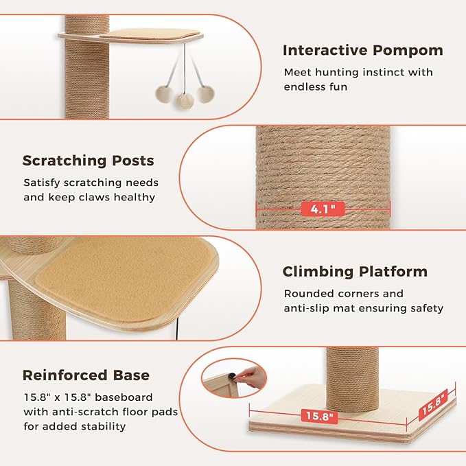 Floor to Ceiling Cat Tree for Indoor Cats, 5-Tier Adjustable Height (79-103 Inch) Sturdy Wooden Tall Cat Climbing Tower with 4.1" Thick Scratching Posts, Acrylic Cave, Non-Slip Pads & 3 Pompoms