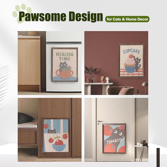 Decorative Wall Art Cat Scratcher, BC Grade Cardboard Framed 13"x17" Dust-Free Vertical Scratching Post, No-Drill Wall Mount (Renter-Friendly), Durable Cat Toy & Home Decor (Cherry) (Cherry)