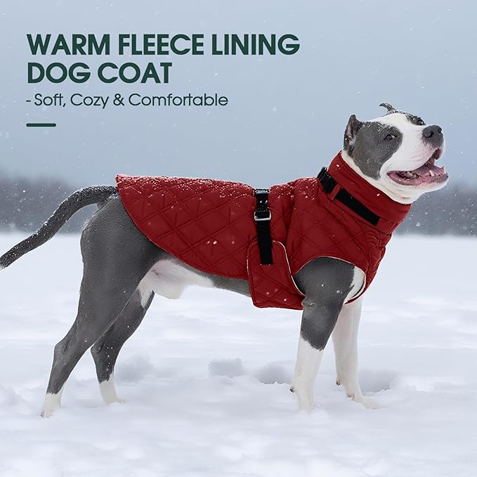 Kuoser Dog Coat Warm Fleece Lining Turtleneck Dog Jacket with Harness Built-in, Windproof Cold Weather Coats with Quick Release Buckle Pet Winter Snowsuit for Extra Large Dogs Great Dane, Red 3XL