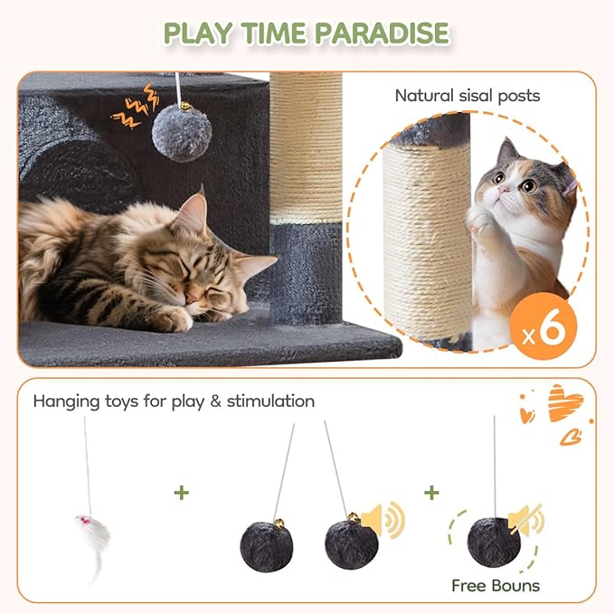 Taoqimiao 79 Inches XXL Cat Tree for Large Cats, for Oversized Cats, Multi-Level Cat Tower, 2 Spacious Cat Condo with 6 Scratching Posts, Hammcock & Cozy Basket, Cat Toys, Smoky Gray, S10G