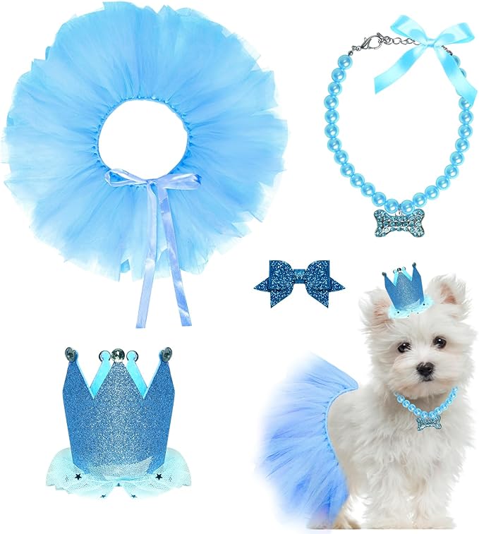 Dog Birthday Party Supplies Dogs Cats Birthday Costume Set Blue Tutu Skirt Dog Cat Birthday Hat Necklace for Puppy Dog Halloween Birthday Wedding Party Costume (Blue)