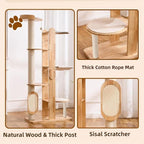 SHENGOCASE 72-Inch Modern Cat Tree Tower Condo for Large Cat, Natural Rubber Wood, Multi-Level Ladder with Hammock, Sisal Scratching Post, Large Perch Platform