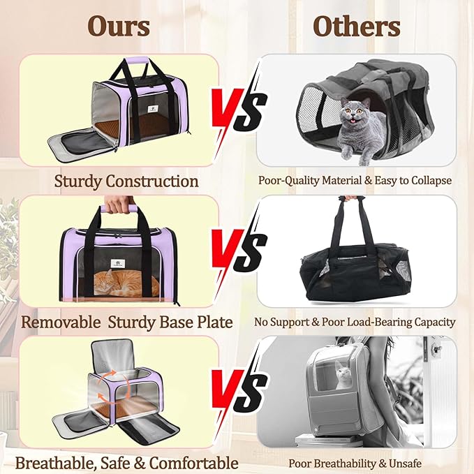 Cat Carrier Dog Carrier - Soft-Sided Cat Carrier with Plush Pad & Cooling Mat, Easy-Load 4-Side Zipper & 3-Side Mesh Ventilation, Pet Carrier Airline Approved for Cats/Dogs Up to 16 lbs, Purple
