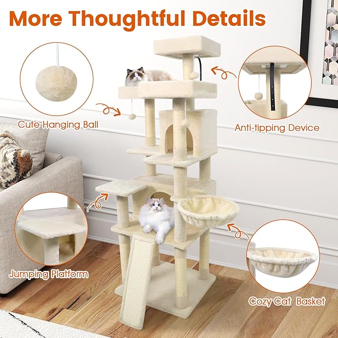 PETSITE Multi-Level Cat Tree, 65 Inches Tall with Sisal Scratching Posts, Condos, Rotatable Cat Basket, Dangling Balls, and Sisal Ladder, Ideal for Indoor Cats to Play and Rest (Beige)