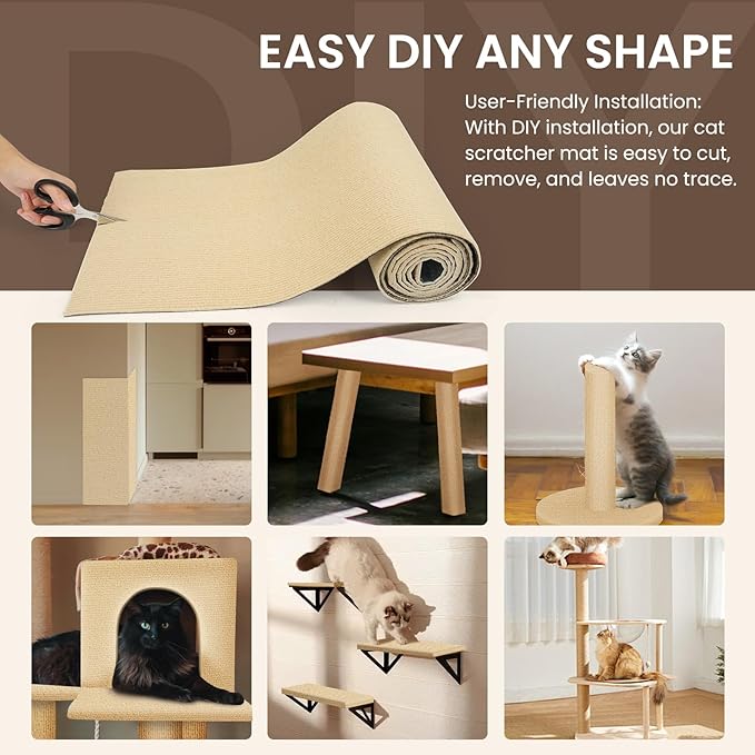 2 Pack Total 12 X 78 Inch Cat Scratch Mat for Cat Couch Furniture and Wall Protector | Trimmable Self-Adhesive Carpet Sisal Cat Scratcher Mat (Beige)