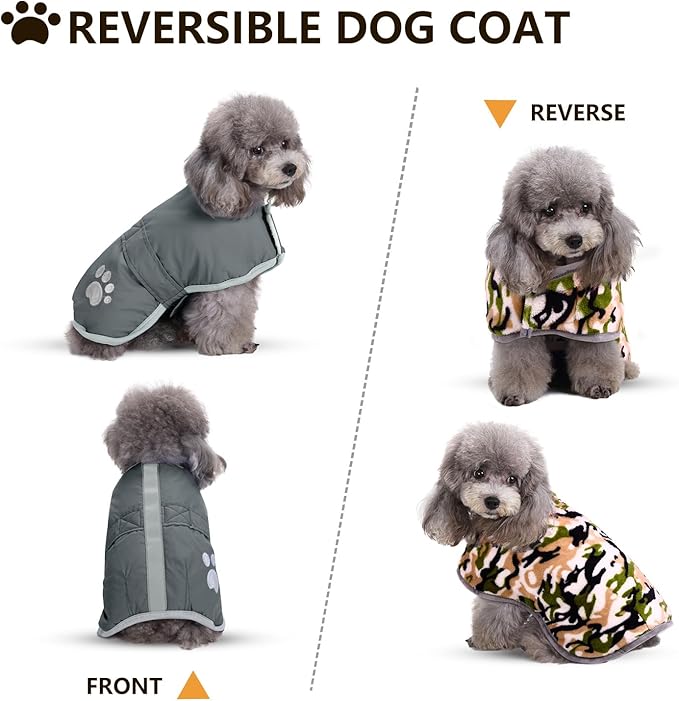 Queenmore Dog Winter Coat, Cold Weather Fleece Jacket for Dogs, Waterproof Reflective Reversible, for Small, Medium and Large Dogs (Grey, XL)