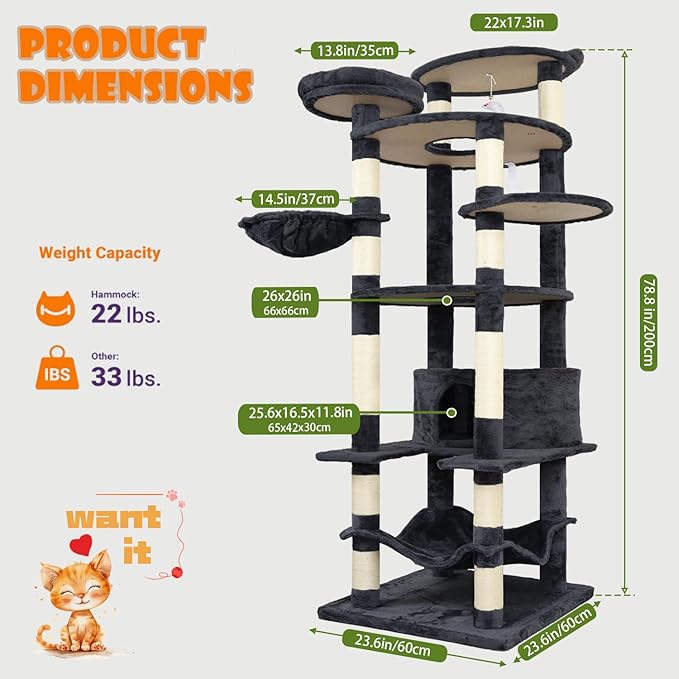 Tall Cat Tree 78.8in, Patent Fabric Multilevel Cat Tower for Adult Cats, Climbing Tree House and Towers with Condo Hammock Scratching Post Large Platform Wide Base