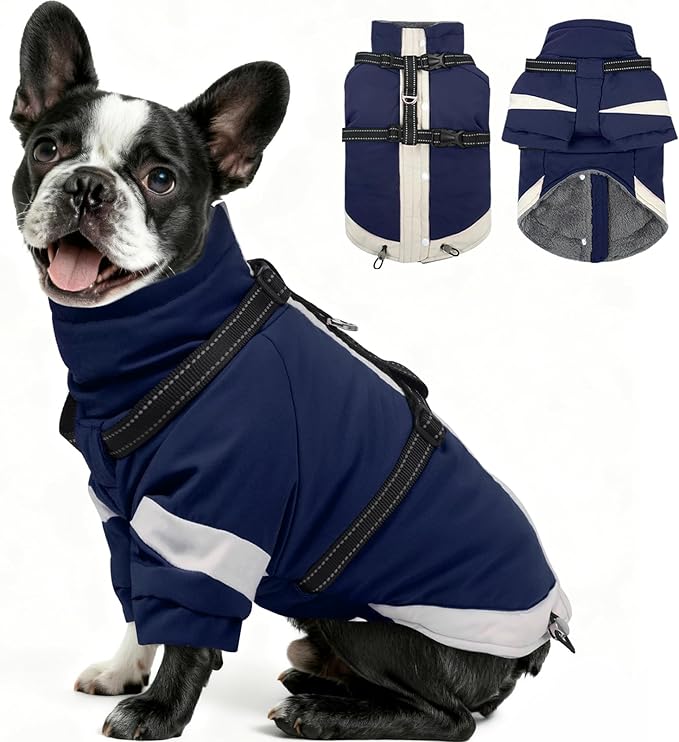 MIGOHI Ultra Thick Dog Jacket,Reflective Medium Dog Coat with Harness Built in,Warm Pet Winter Coat Zip Up Puffer Jacket with Furry Collar for Medium Dogs with Legs Outdoor Adventure,L,NavyBlue