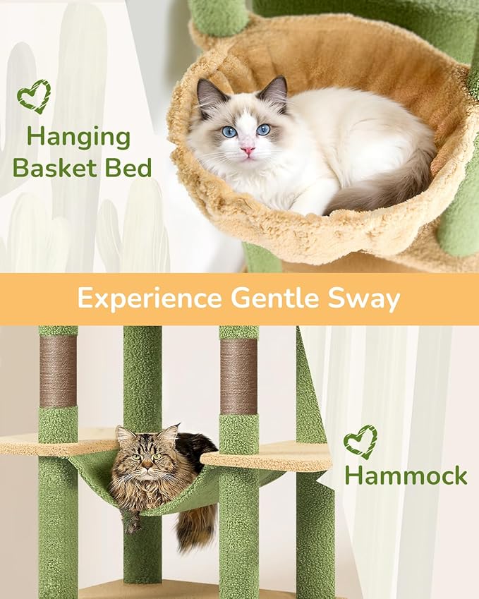 Globlazer Cactus Heavy Duty Cat Tree Tower 80in Tall Extra Large Cat Tree Tower for Multiple Indoor Cats Large Adult with Scratching Posts, 2 Spacious Condos, Padded Perches, Soft Hammock, S80B, Green