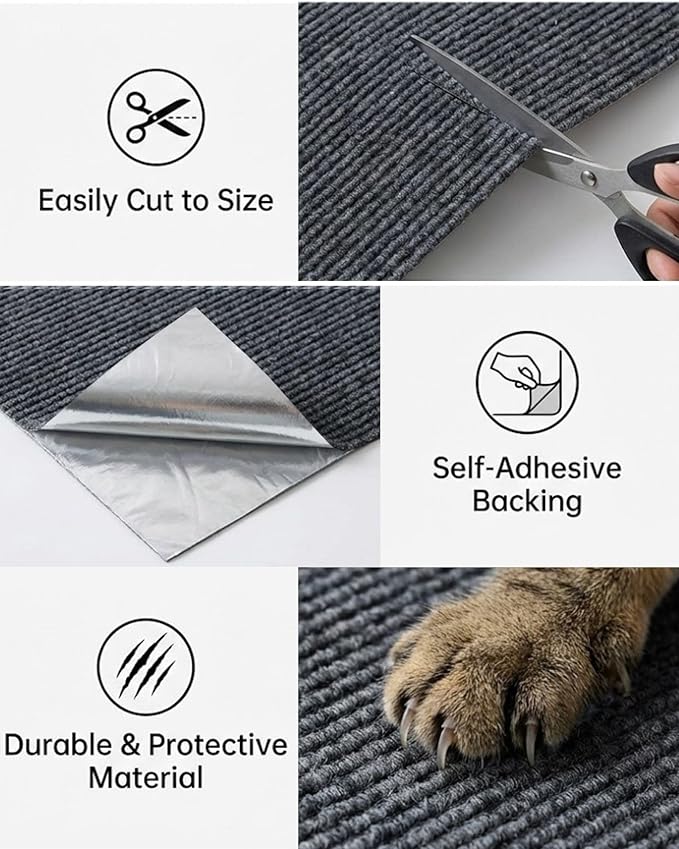 Trimmable Self-Adhesive Cat Scratch Mat, DIY Climb Scratcher for Cat Tower, Couch, and Furniture Protector, Replacement Pads (Dark Grey, 23.6''x11.8'', 3-Pack)