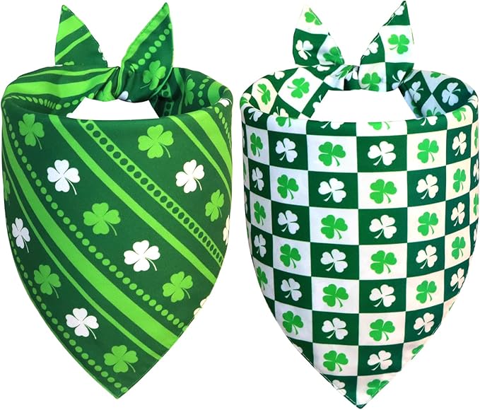 St. Patrick’s Day Bandanas 2-Pack for Small to Medium Dogs - Reversible Leprechaun Hats Shamrock Scarf, Green & White Pet Accessories for Irish Gift
