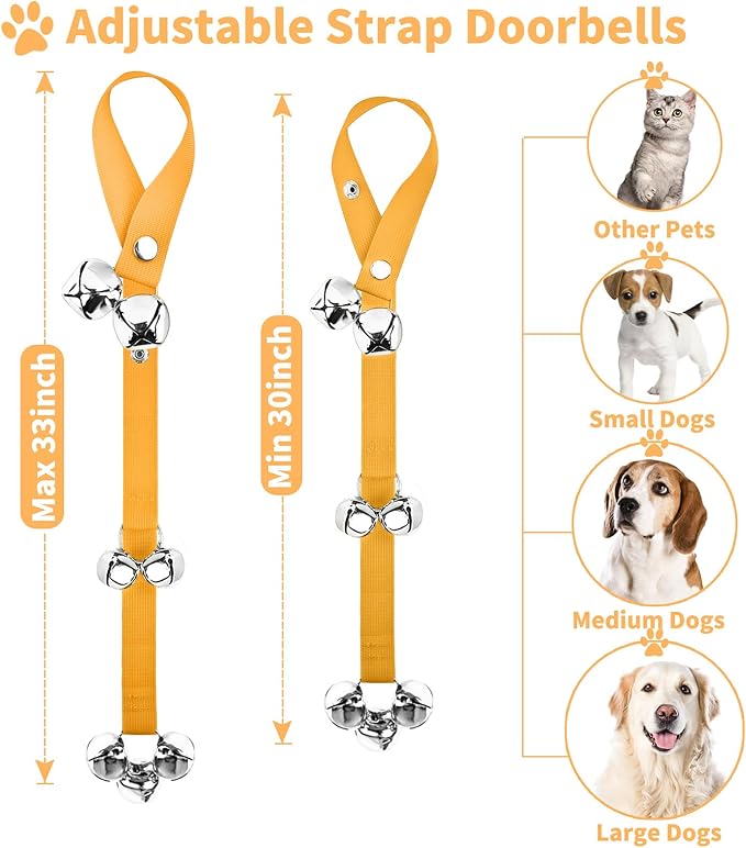 3 Pack Dog Doorbells, Pet Training Bells for Go Outside Potty Training and Communication Device Large Loud Dog Bell Cat Puppy Interactive Toys Adjustable Strap Door Bell (Yellow)