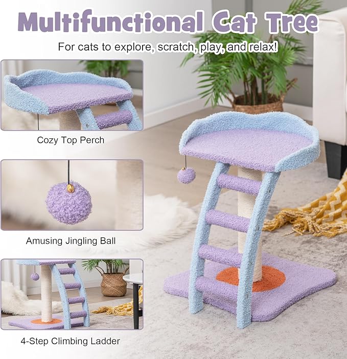 PETSITE Small Cute Cat Tree, 19 Inches Modern Cat Tower for Indoor Cats with Top Perch, Scratching Post, Ladder, Blue Purple
