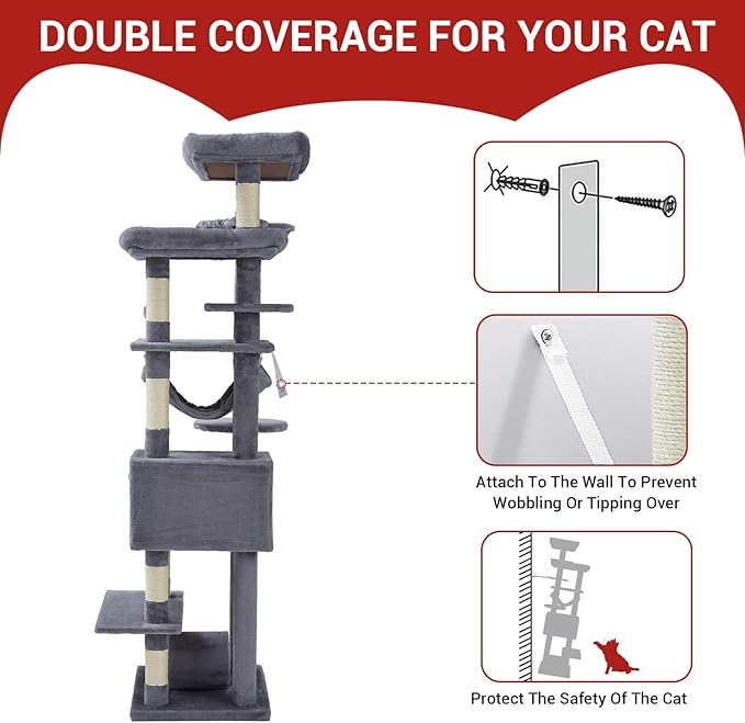 Cat Tree for Large Cats 67 Inches,Multi-Level Cat Tower with Scratching Posts, Condo, Perches, Hammock, Tunnel & Feeding Station,Dark Gray