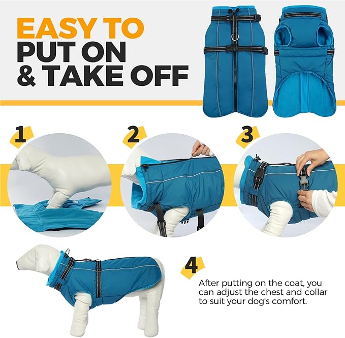 Lelepet Dog Coat for Large Dogs Waterproof Dog Jacket with Harness Built in Reflective Windproof Fleece Jacket with Zip Warm Winter Coats for Dogs Cozy Thermal Pet Snowsuit, Border Collie, Blue, XL