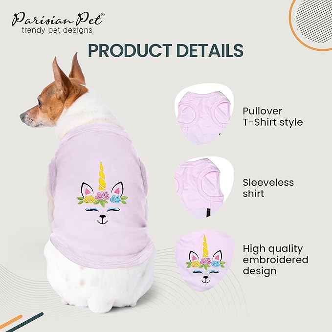 Parisian Pet Dog Shirt - 100% Cotton Unicorn Shirts for Small Dogs - Pink Sleeveless Girl Pet Clothes - Lightweight and Breathable Puppy Clothes - Stretchy Female Dog Apparel - T Shirts for Dogs