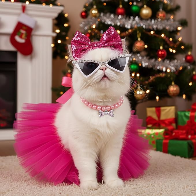 4 Pcs Dog Birthday Outfit Pink Tutu Pearl Necklace Pet Glasses Bowtie Hairpin Dog Girl Birthday Party Supplies for Small to Medium Dogs Pet Wedding Christmas Costume