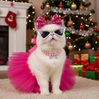 4 Pcs Dog Birthday Outfit Pink Tutu Pearl Necklace Pet Glasses Bowtie Hairpin Dog Girl Birthday Party Supplies for Small to Medium Dogs Pet Wedding Christmas Costume