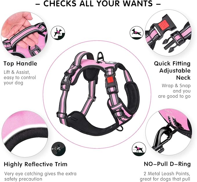 PoyPet No Pull Dog Harness, [Release on Neck] Reflective Adjustable No Choke Pet Vest with Front & Back 2 Leash Attachments, Soft Control Training Handle for Small Medium Large Dogs(Light Pink,M)