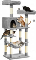 Feandrea Cat Tree, 56.3-Inch Cat Tower, Multi-Level Plush Condo with 11 Scratching Posts, 2 Perches, Hammock, Cave, Light Gray UPCT15W
