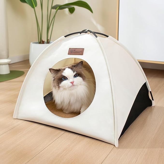 Pop-up Cat Tent Indoor Outdoor, Waterproof Cat House with Removable Cushion for All Seasons, Portable Pyramid Cat Cave Bed for Cats & Small Dogs, No Assembly Folding Pet Tent,18.9x18.9x15.4, White