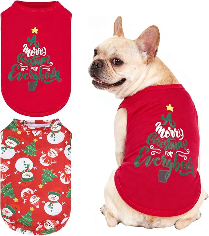 KOOLTAIL Christmas Shirts Clothes-2 Pack Dog Sleeveless Vest with Cute Printing, Soft Stretchy Breathable Cotton Pet T Shirt Apparel for Extra Small Medium Girl&Boy Dogs Puppy Cats
