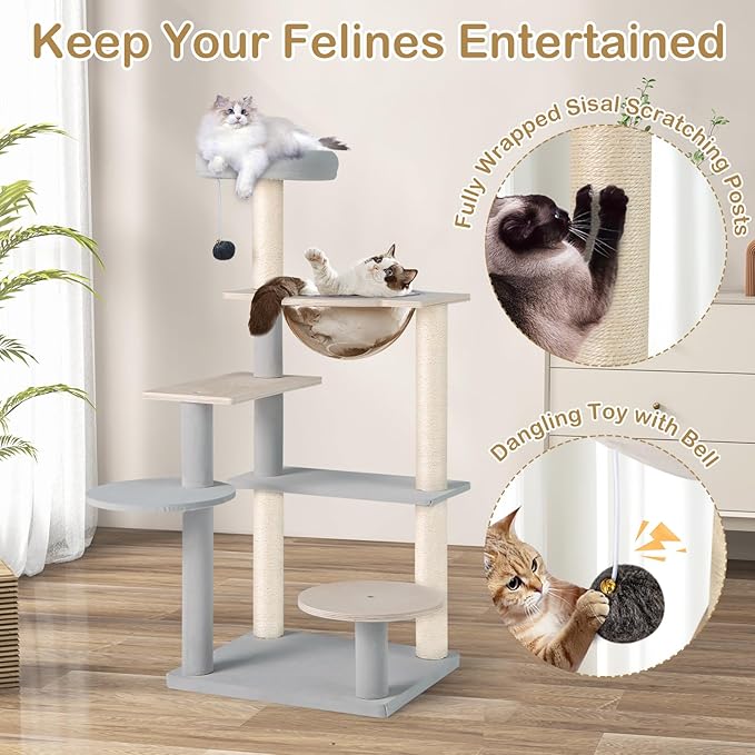Tangkula Modern Cat Tree, 44 Inch Multi-Level Cat Tower with Removable Padded Top Perch, Sisal Scratching Posts, Jumping Platforms, Dangling Ball, Kitty Activity Center for Indoor Cats