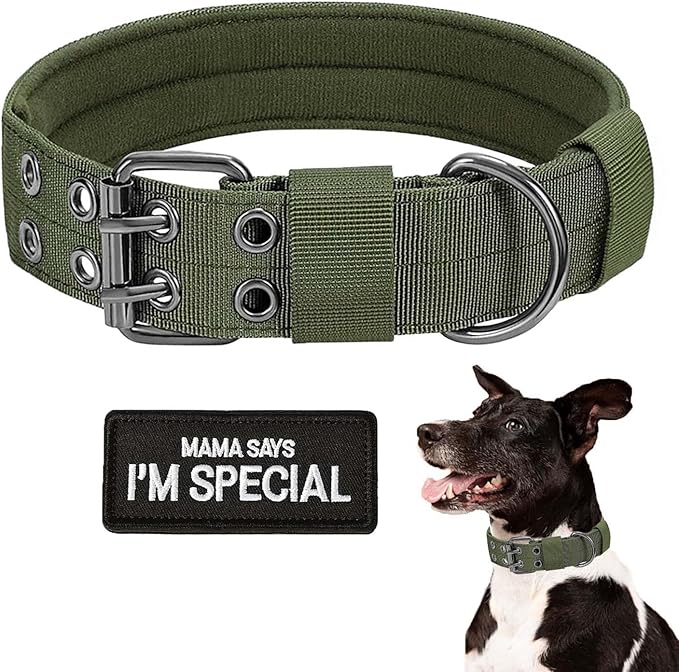 Tactical Dog Collar Military Dog Collar Adjustable Training Nylon Collar Heavy Duty Metal Buckle with Black Patch,Tactical Collars for Medium Large Dogs (Green, Medium)