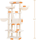 Heybly Cat Tree, 68 inch Multi-Level Cat Tower for Indoor Cats, 2 Widened Plush Perches Cat Condo with Scratching Board and Big Caves, Beige HCT025M