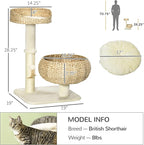Modern 28” Cat Tree with Elevated Basket Bed & Sisal Scratching Post – Small Cat Condo for Indoor Cats Under 10 lbs, Plush Multi-Level Cat Tower, Beige