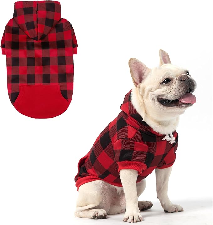 KOOLTAIL Plaid Dog Hoodie Pet Clothes Sweater with Hat and Pocket for Small Medium Large Size Dogs, Soft Winter Warm Dog Cold Weather Coat, Fleece Fall Dog Hooded Sweatshirt for Puppy Cats, Red SM