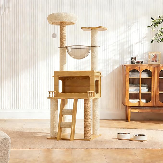 57.9 Inch Cat Tree, Wooden Cat Tower with Ladder and Swing Ball, Modern Activity House Hammock with Lounge, Cat Scratching Post Condo House for Bedroom, Pet Store, Balcony
