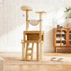 57.9 Inch Cat Tree, Wooden Cat Tower with Ladder and Swing Ball, Modern Activity House Hammock with Lounge, Cat Scratching Post Condo House for Bedroom, Pet Store, Balcony