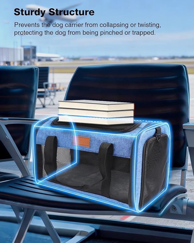 Pet Carrier Airline Approved 17x11x9.5 in - Underseat, Top & Side Entry Soft Dog Cat Travel Carrier with Safety Zippers ＆ Anti-Scratch Mesh for Small Cat and Dog for Pets Up to 10 Lb - Blue