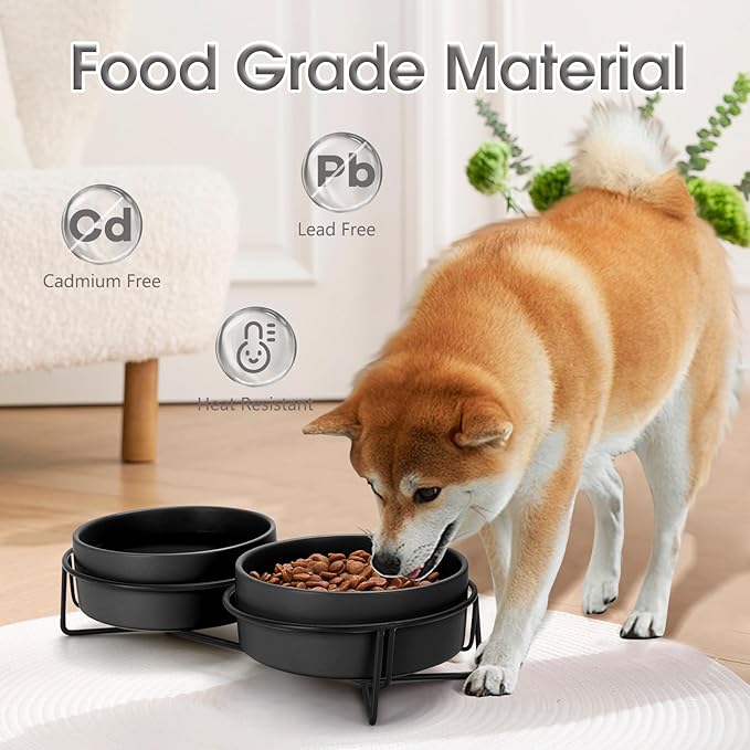 Ceramic Dog and Cat Bowl Set with Stand, 3.6 Cups Dog Food and Water Bowl Suitable for Small and Medium Pets (28.7oz Black)