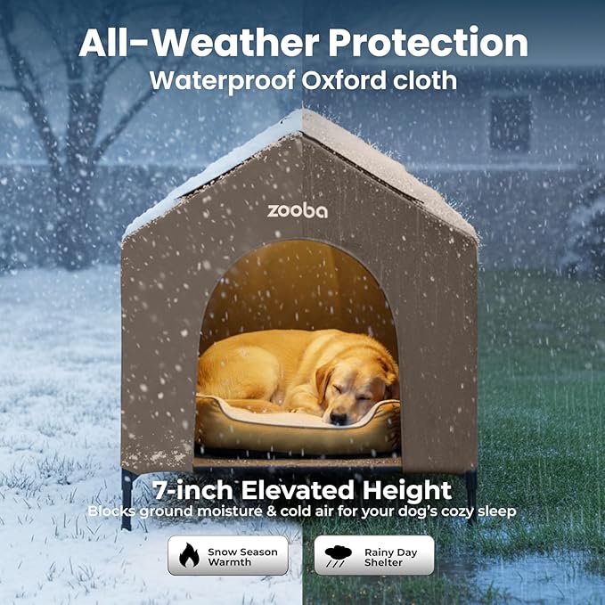 42" 2-in-1 Dog House for Medium Dogs, Elevted Dog House Outdoor/Indoor, Puppy Shelter Outside,Water Resistant 600D PVC and Durable 2x1 Textilene Raised Dog Bed(Brown)