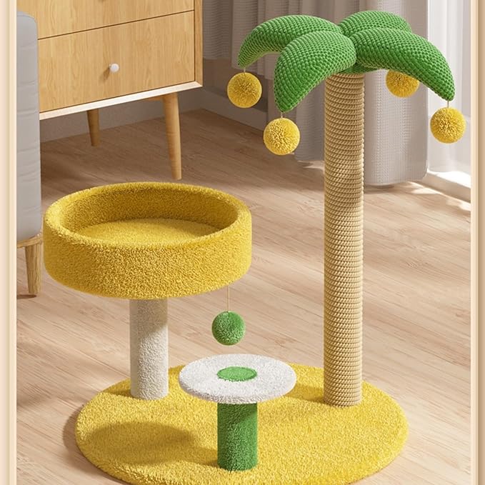 Coconut Palm Cat Tree 27" Cute Cat Tower for Indoor Cats Sisal Covered Scratching Post Dangling Ball Small-Medium Cats