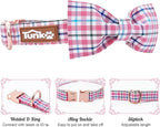 Tunkoo Dog Collar with Bow Tie Elegant Plaid Soft Comfy Cotton Adjustable Collar Premium Metal Buckle,Small Medium Large Puppy Cat Outdoor Training Walking Running（Pink Grid，S）