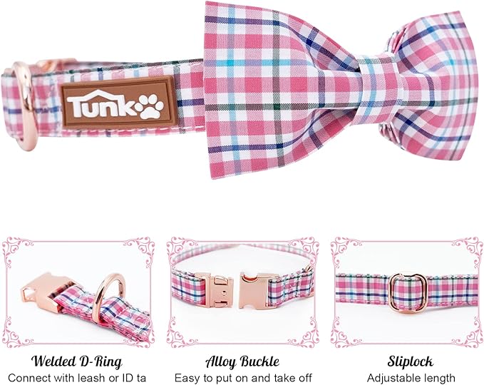Tunkoo Dog Collar with Bow Tie Elegant Plaid Soft Comfy Cotton Adjustable Collar Premium Metal Buckle,Small Medium Large Puppy Cat Outdoor Training Walking Running（Pink Grid，S）