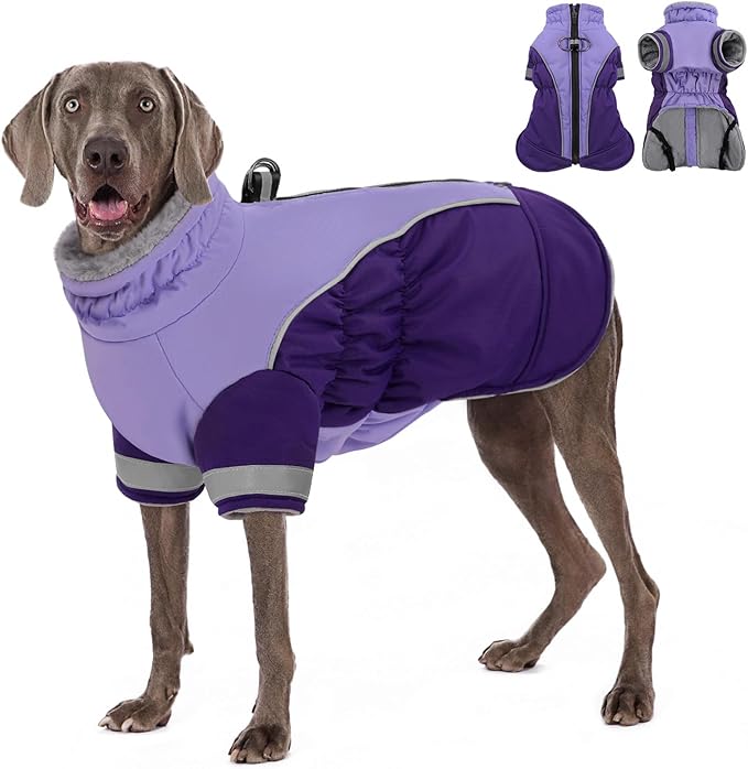 AOFITEE Dog Coat- Two Legged Large Dog Winter Jacket - Zipper Dogs Cold Weather Coat with Harness, Warm Pet Puffer Jackets Reflective Pet Snow Coats for Border Collie, Beagle, Purple XL