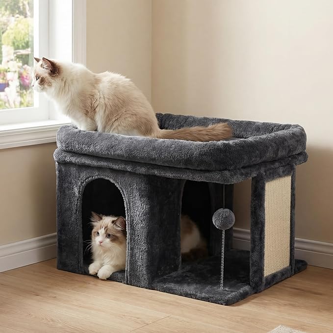 Heybly Cat Tree, 14 inch Cat Tower with Large Perch Bed and Cat Condo for Indoor Cats Large Adult, Cat House with Scratching Posts and Interactive Spring Balls for Your Kittens, Smoky Gray HCT203SG