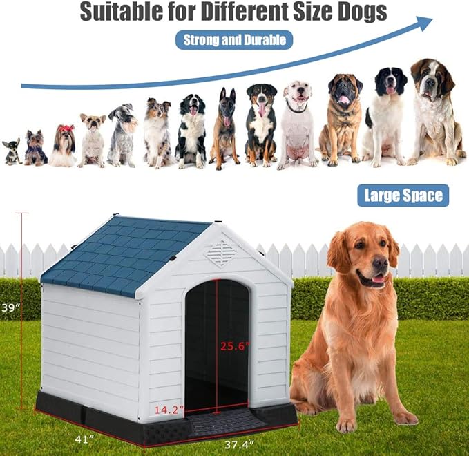 Dog House, Extra Large Dog House for Small Medium Large Dogs, Waterproof Ventilate Plastic Durable Indoor Outdoor Pet Shelter Kennel for Outside with Air Vents and Elevated Floor, Easy to Assemble