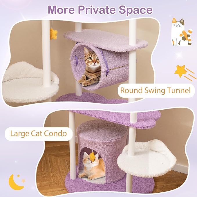 PETSITE 62 inch Moon and Star-Themed Cat Tree, Modern Multi-Level Cat Tower with Moon-Shaped Top Perch, Star-Shaped Hanging Toys, Barrel-Shaped Hammock, and Cat Condo, Cute Cat Tree for Indoor Cats