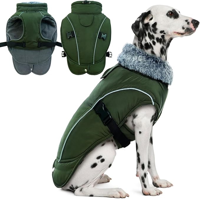 DENTRUN Winter Warm Dog Coat Reflective Jacket with Turtleneck for Cold Weather, Adjustable Buckle Windproof Water Repellent, Thick Snowsuit Fleece Vest for Small, Medium, Large Dogs, Green, XXL