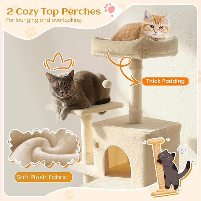Tangkula 80 Inch Tall Cat Tree, Multi-Level Cat Tower with Sisal Scratching Posts, 2 Condos, Plush Perch, Hammock, Basket, Dangling Toys, Cat Climbing Furniture for Indoor Cats (Beige)