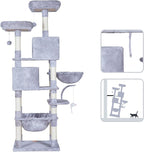 Heybly Cat Tree, 70 inches Tall Cat Tower Condo with Toy for Indoor Large Cats, Cat House Furniture with Padded Plush Perch, Cozy Hammock and Sisal Scratching Posts, Light Gray HCT032W